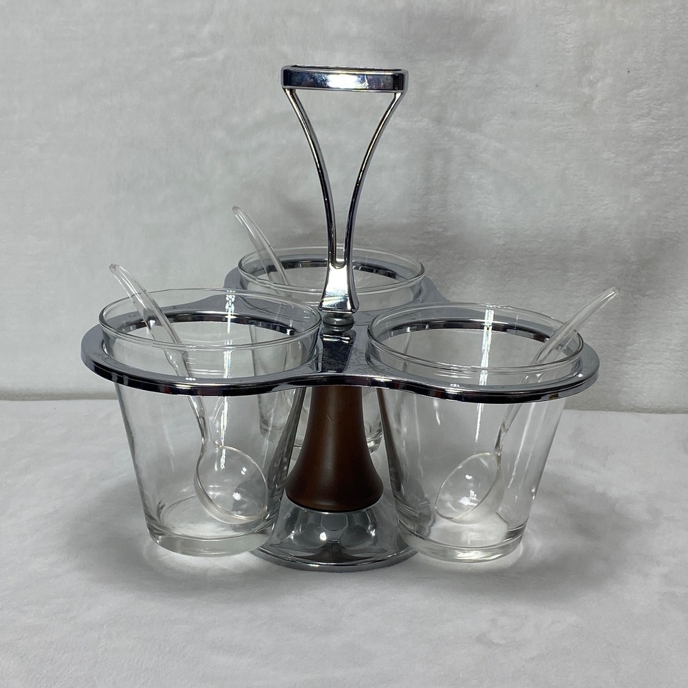 VTG LAZY SUSAN 3 Glass Caddy Condiment Spinning Server Carousel With Spoons